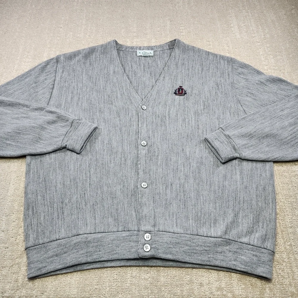 Vintage Cardigan Sweater Men XL Izod USA Made Gray V Neck Knit Preppy Tennis‎